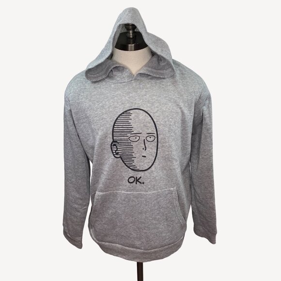 One Punch Man Anime Unisex Gray Hooded Sweatshirt "OK." Face Print - Picture 1 of 10